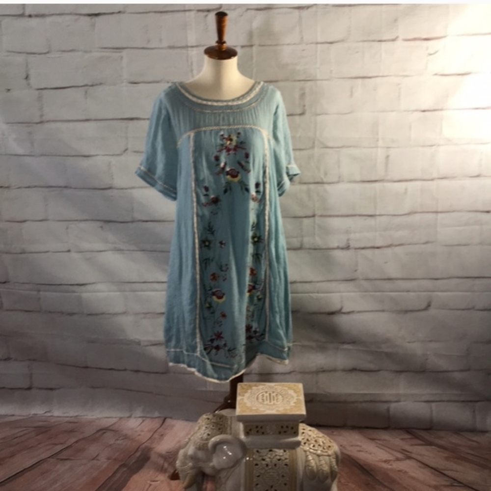 Umgee Meet Me In Paradise Light Blue Embroidered Floral Tunic Dress - Picture 3 of 8